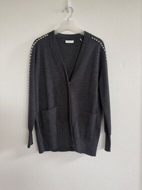 Sandro Dark Gray Open-Front Cardigan with Pearl Shoulder Trim
